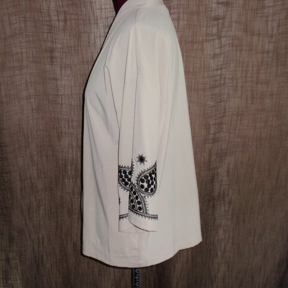 Linea Dell'Olio Open Front Tan Black Embroidery Cardigan Sz M 3/4 Sleeves - Picture 3 of 15